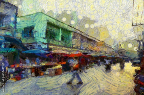 Landscape of the fresh market in the provinces of Thailand Illustrations creates an impressionist style of painting. © Kittipong