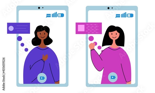 Flat Ilustration character of girls video calling bu smartphone
