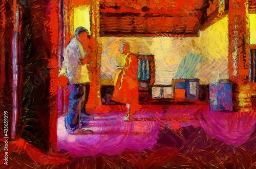 Monk in church Illustrations creates an impressionist style of painting. © Kittipong
