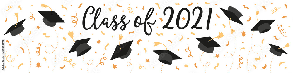 Class of 2021 with black graduate caps and gold confetti, ribbon ...