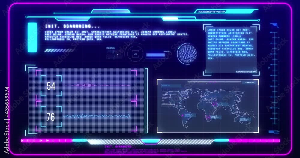 Digital animation of digital interface with data processing against blue background