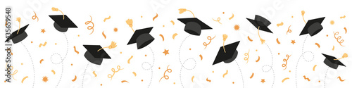Graduation Class of 2021 with black graduate caps and gold confetti, ribbon. University, college school education vector background.