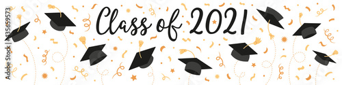 Class of 2021 with black graduate caps and gold confetti, ribbon. University, college school education vector background.