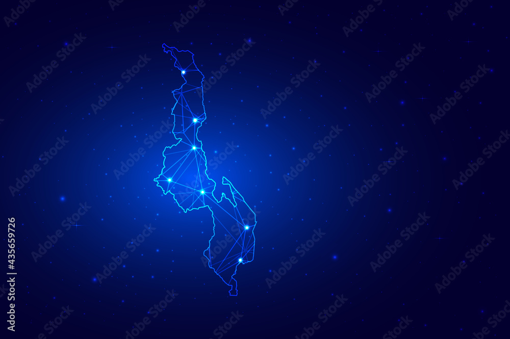 Abstract Map of Malawi from polygonal blue lines and glowing stars on dark blue background. Vector illustration eps10