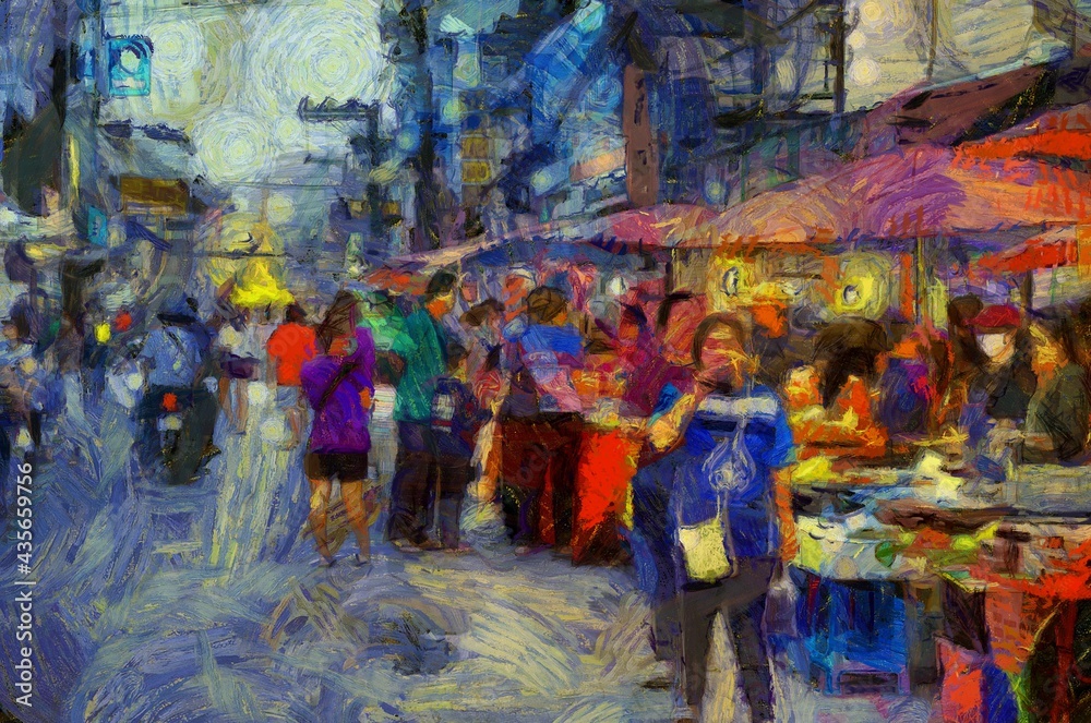 Landscape of the fresh market in the provinces of Thailand Illustrations creates an impressionist style of painting.