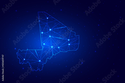 Abstract Map of Mali from polygonal blue lines and glowing stars on dark blue background. Vector illustration eps10