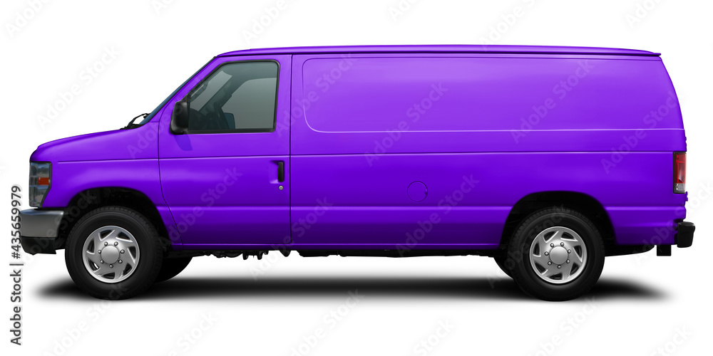 Modern American cargo minibus purple color side view. Isolated on a white background.