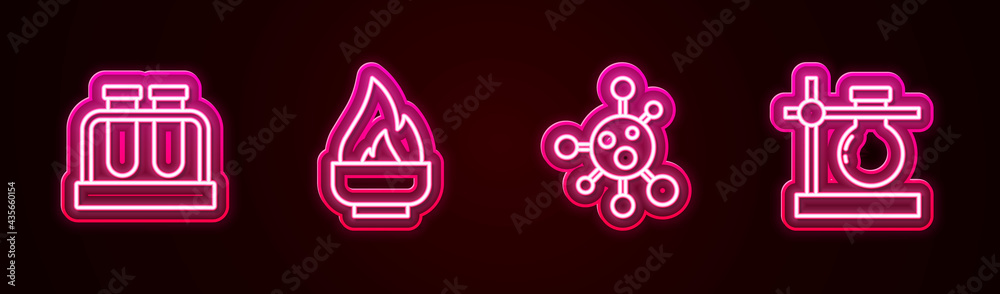 Set line Test tube and flask, Alcohol or spirit burner, Molecule and on stand. Glowing neon icon. Vector Set line Test tube and flask, Alcohol or spirit burner, Molecule and on stand. Glowing neon icon. Vector