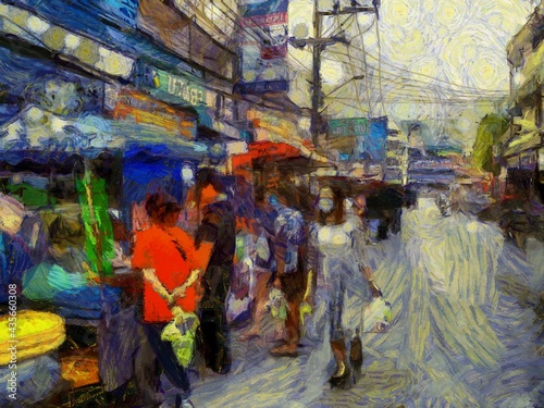 Landscape of the fresh market in the provinces of Thailand Illustrations creates an impressionist style of painting.