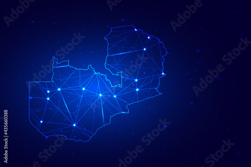 Abstract Map of Zambia from polygonal blue lines and glowing stars on dark blue background. Vector illustration eps10