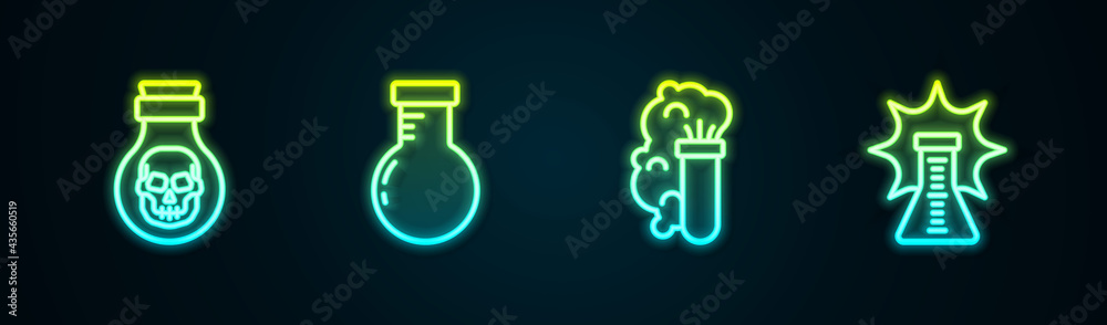 Set line Poison in bottle, Test tube and flask, Chemical explosion and . Glowing neon icon. Vector Set line Poison in bottle, Test tube and flask, Chemical explosion and . Glowing neon icon. Vector