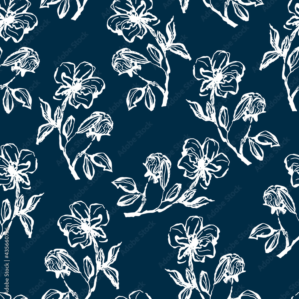 seamless contour floral vector pattern with twigs and leaves on contrasting  background