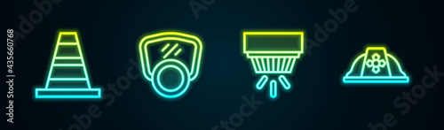 Set line Traffic cone, Gas mask, Smoke alarm system and Firefighter helmet. Glowing neon icon. Vector