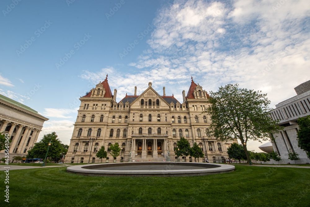 Albany, NY - USA - May 22, 2021: A western view of the historic Romanesque Revival New York State Capitol building.