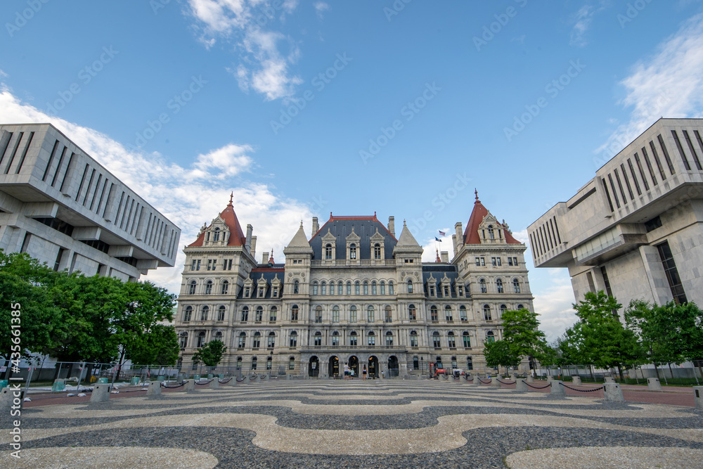 Albany, NY - USA - May 22, 2021: A south western view of the historic Romanesque Revival New York State Capitol building.