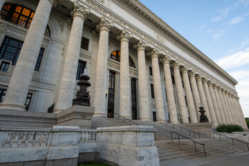 Albany, NY - USA - May 22, 2021: A wide angle three quarter landscape view of the New York State Education Department Building. Designed by Henry Hornbostel in the Beaux-Arts style and opened in 1912.