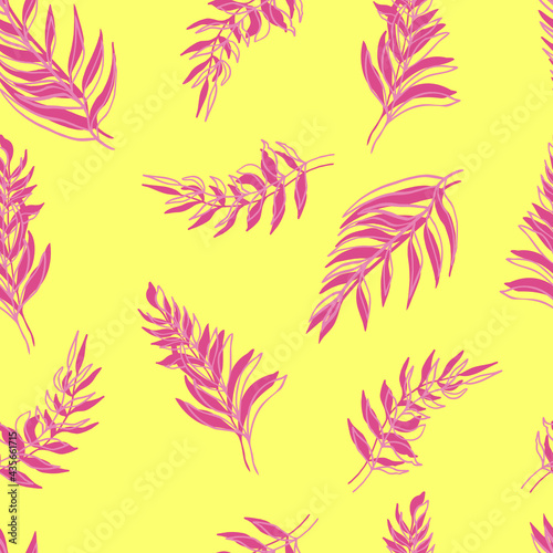 seamless vector pattern palm leaves pink-lilac leaf and outline on background. For textiles, packaging, fabrics, wallpapers, backgrounds, invitations. Summer tropics hand illustration