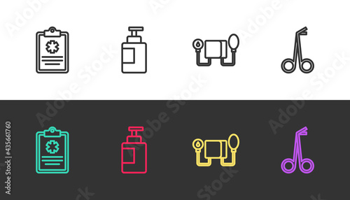Set line Clinical record, Hand sanitizer bottle, Blood pressure and Medical scissors on black and white. Vector