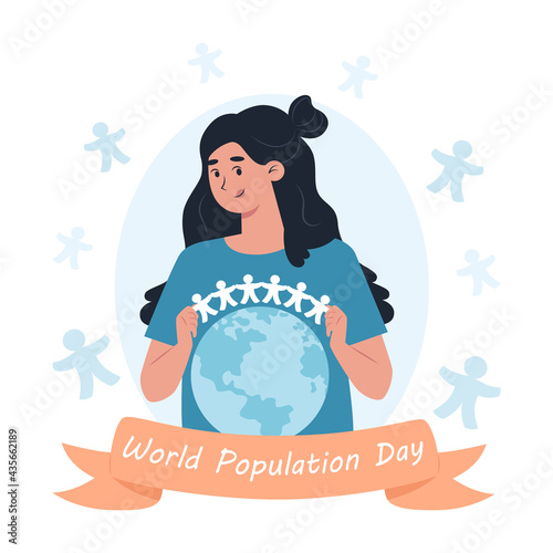 World Population Day, a woman holds a garland of paper men over the planet Earth