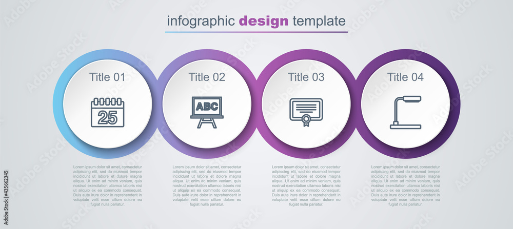 Set line Calendar, Chalkboard, Certificate template and Table lamp. Business infographic template. Vector