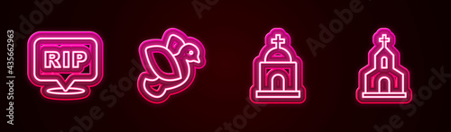 Set line Speech bubble rip death, Dove, Old crypt and Church building. Glowing neon icon. Vector