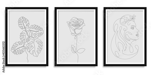 Line art drawings.Line art woman face drawing.Rose flower .Set of frames.Vector illustration.