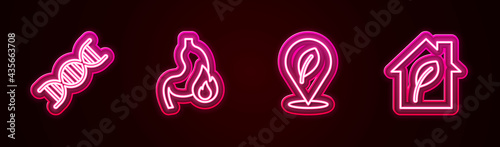 Set line DNA symbol, Stomach heartburn, Location with leaf and Eco friendly house. Glowing neon icon. Vector