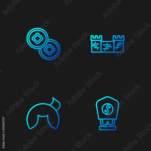 Set line Chinese paper lantern, fortune cookie, Yuan currency and Great wall of China. Gradient color icons. Vector