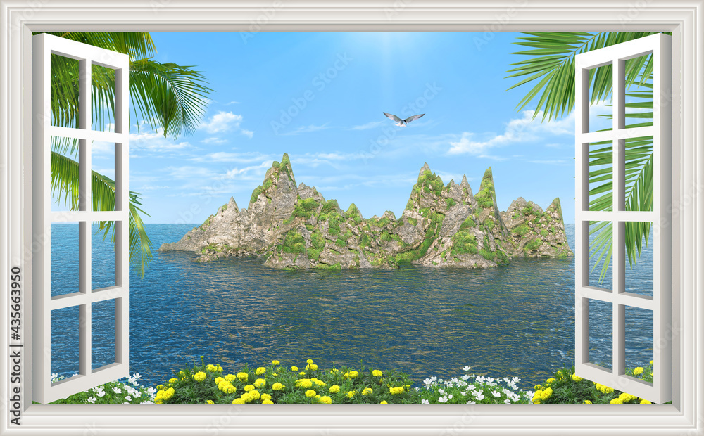 Plexiglas schilderij met View from the window to the ocean and mountainous island 3d rendering #435663950