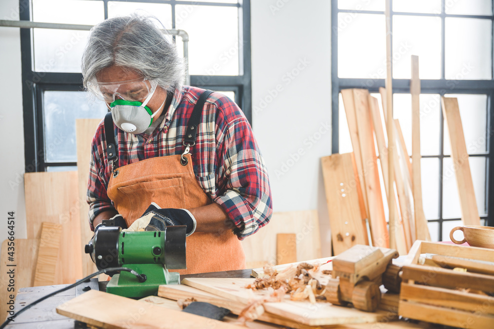 professional carpenter man working with woodwork industry tool construction, craftsman person workshop with timber and equipment wood work