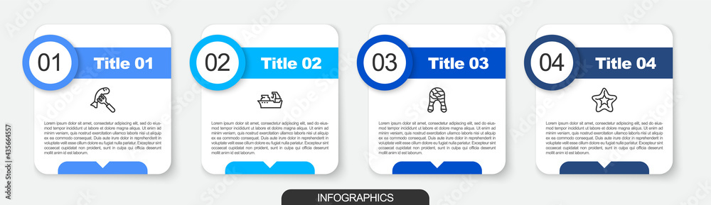 Fototapeta premium Set line Served fish on a plate, Fishing boat, steak and Starfish. Business infographic template. Vector