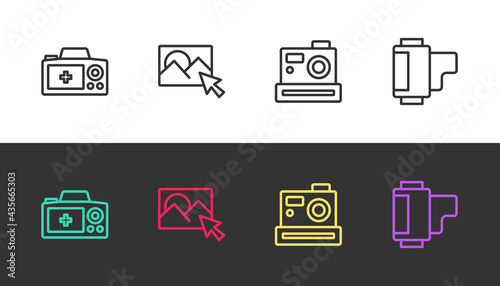 Set line Photo camera, retouching, and Camera roll cartridge on black and white. Vector