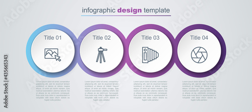 Set line Photo retouching, Tripod, camera and Camera shutter. Business infographic template. Vector