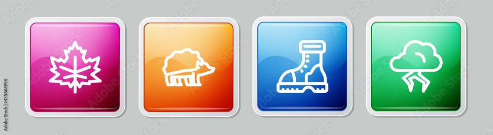 Set line Leaf or leaves, Hedgehog, Waterproof rubber boot and Storm. Colorful square button. Vector