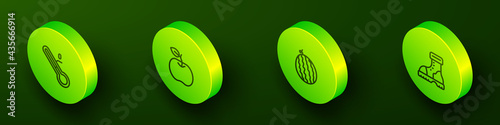 Set Isometric line Meteorology thermometer, Apple, Watermelon and Waterproof rubber boot icon. Vector