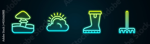 Set line Mushroom, Sun and cloud weather, Waterproof rubber boot and Garden rake. Glowing neon icon. Vector