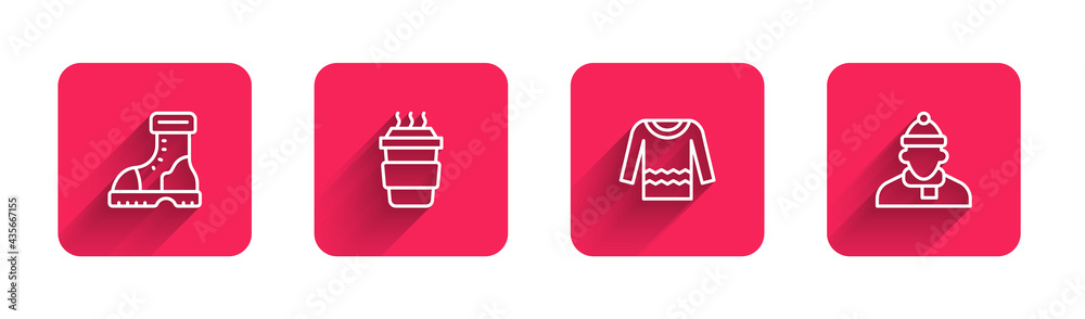 Set line Waterproof rubber boot, Coffee cup to go, Sweater and Autumn clothes with long shadow. Red square button. Vector Set line Waterproof rubber boot, Coffee cup to go, Sweater and Autumn clothes with long shadow. Red square button. Vector