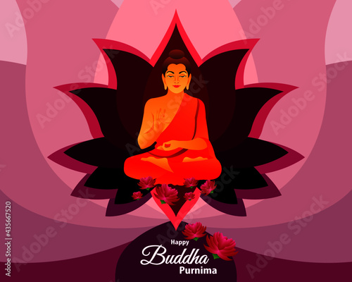 Happy Buddha Purnima greeting with typography. Peaceful illustration with lotus flower. 