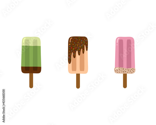 Vector collection of colorful ice creams of different flavors or popsicle on white background.