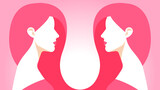 Two twins look at each other. Identical women with long pink hair. Female portraits, side view, head and shoulder. The concept of identity, similarity, reflection. Abstract vector illustration.
