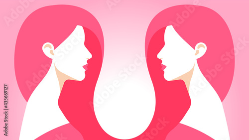 Two twins look at each other. Identical women with long pink hair. Female portraits, side view, head and shoulder. The concept of identity, similarity, reflection. Abstract vector illustration. photo