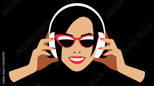 Smiling woman in headphones. Bright beauty is listening music in earphones. Music, radio, podcast concept. Female portrait on black background. Modern vector illustration.