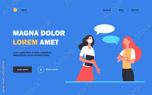 Woman in mask talking to chickenpox infected friend. Friends, students, speech bubbles flat vector illustration. Healthcare, infection risk concept for banner, website design or landing web page