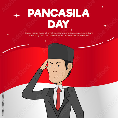 Pancasila day background with respectful character and indonesian flag. Hari Lahir Pancasila. Flat style vector illustration of Indonesia independence day photo