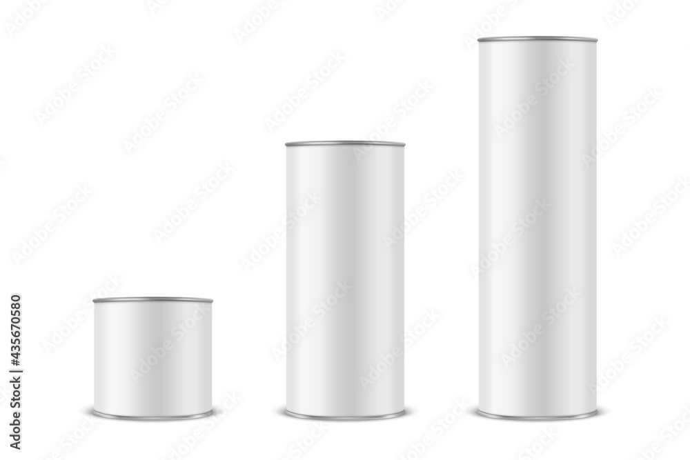 Vector 3d Realistic Blank White Metal Tin Can, Canned Food, Potato Chips Packaging Set Isolated On White Background. Small, Medium, Big Size. Design Template, Mockup. Front View Vector 3d Realistic Blank White Metal Tin Can, Canned Food, Potato Chips Packaging Set Isolated On White Background. Small, Medium, Big Size. Design Template, Mockup. Front View