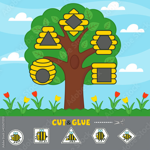 Children's matching educational game with cute bees. Find the hive where the bee flies. Learning geometric shapes for kids. Vector illustration