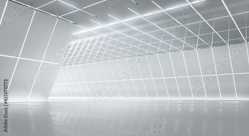 Fototapeta Naklejka Na Ścianę i Meble -  Illuminated corridor interior design. Abstract Futuristic tunnel with light and reflection background. 3D rendering.