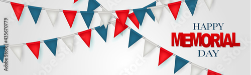 Memorial Day banner, website or newsletter header. Background with American blue, red, and white bunting. United States of America national holiday. Vector illustration.