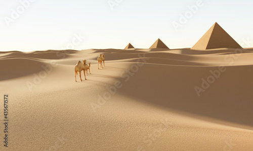 The vast desert is distant with pyramids and a number of camels walk in the desert. Daytime scenery in the desert The sun is bright and bright. 3D Rendering © Superrider