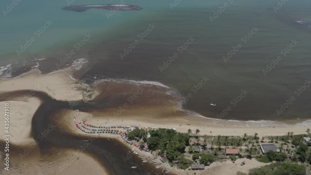 Vue aérienne de droite à gauche de l'océan. Marée basse, Piscines naturels, fleuve, forêt tropicale, sable, palmiers, parasols, personnes. Été à Praia Caraiva, Bahia, Brésil.	
